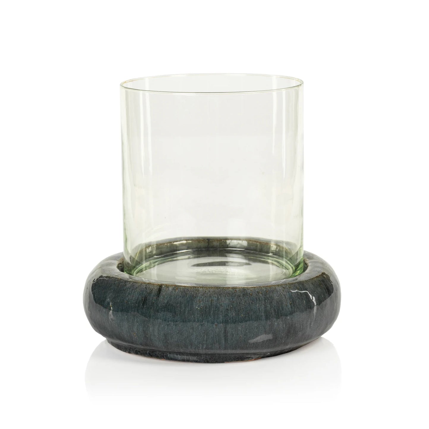 Cortez Blue-Gray Glazed Stoneware Base with Glass Hurricane